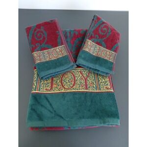 3 NOS Santens Christmas Towel Set JOY Embroidered Bath & Hand Green Gold NEW USA
